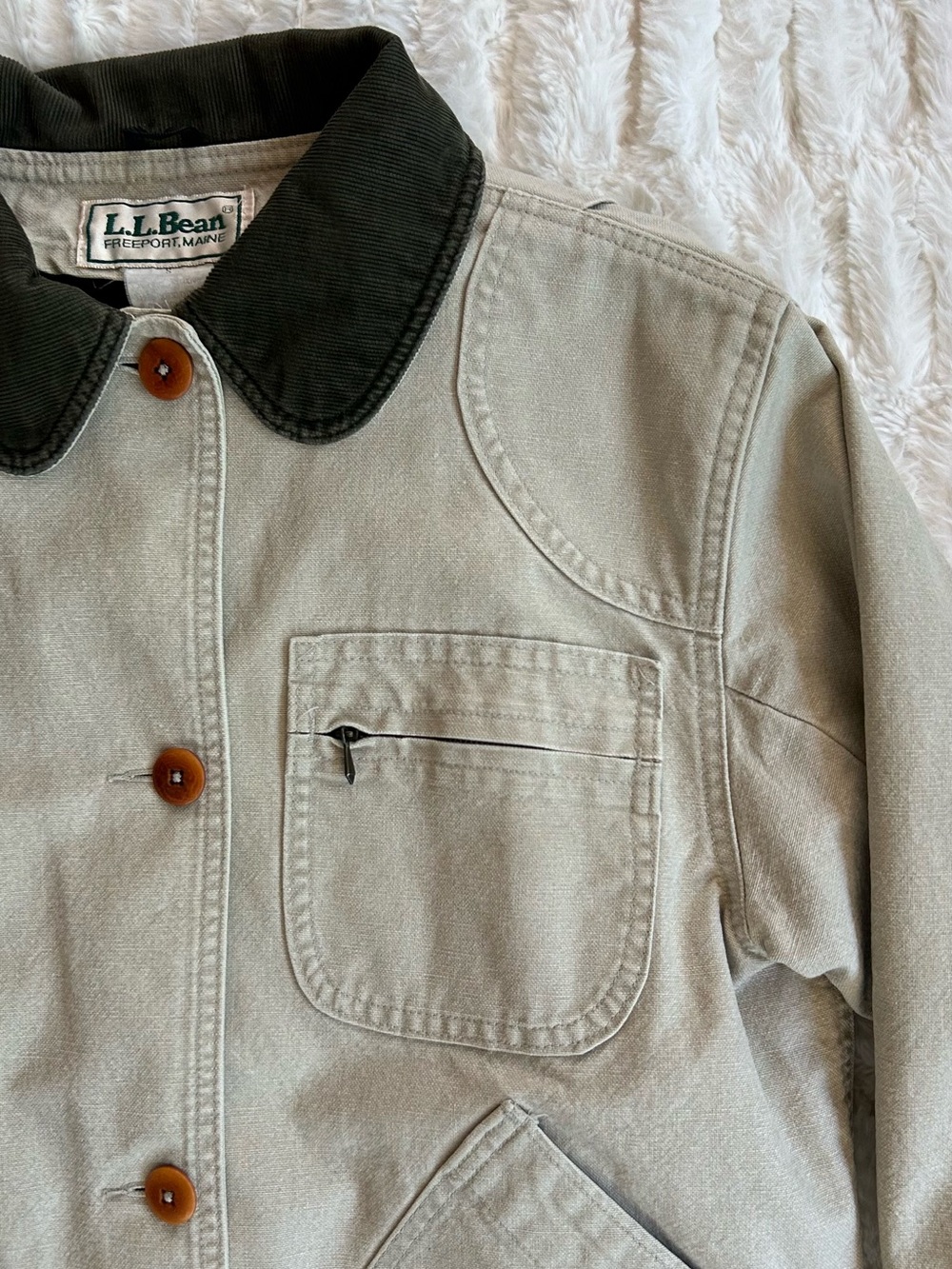 Made in USA LL Bean Vintage Chore Coat Barn Jacket Beige S - Picture 6 of 13
